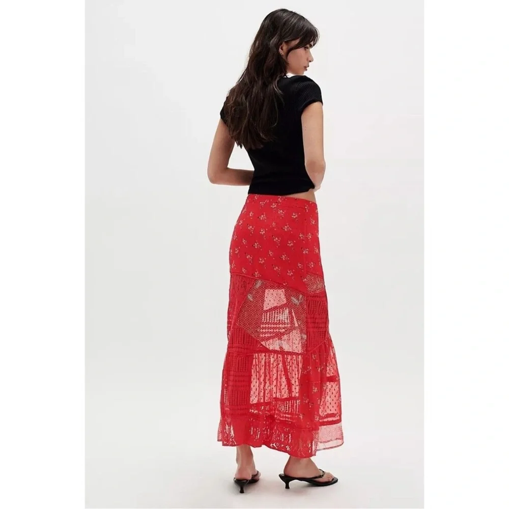 Free People Daniella Lace Maxi Skirt Sheer Floral Printed Lace Tiered red XS